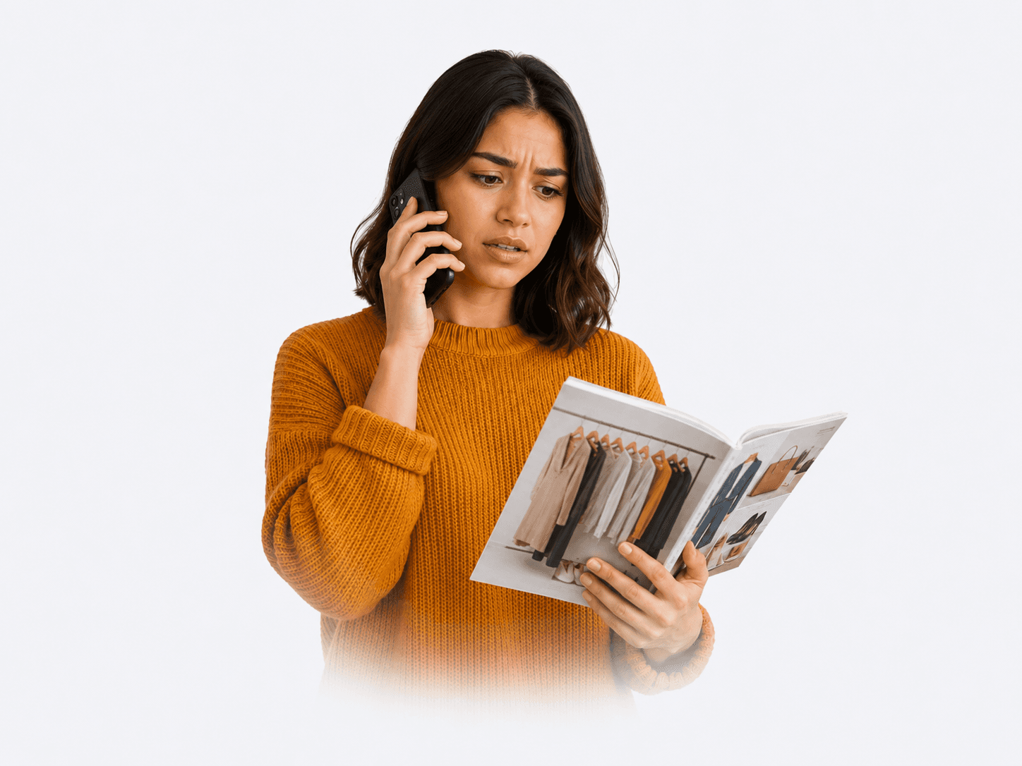 Asesora consultando revista física mientras atiende pedidos por teléfono