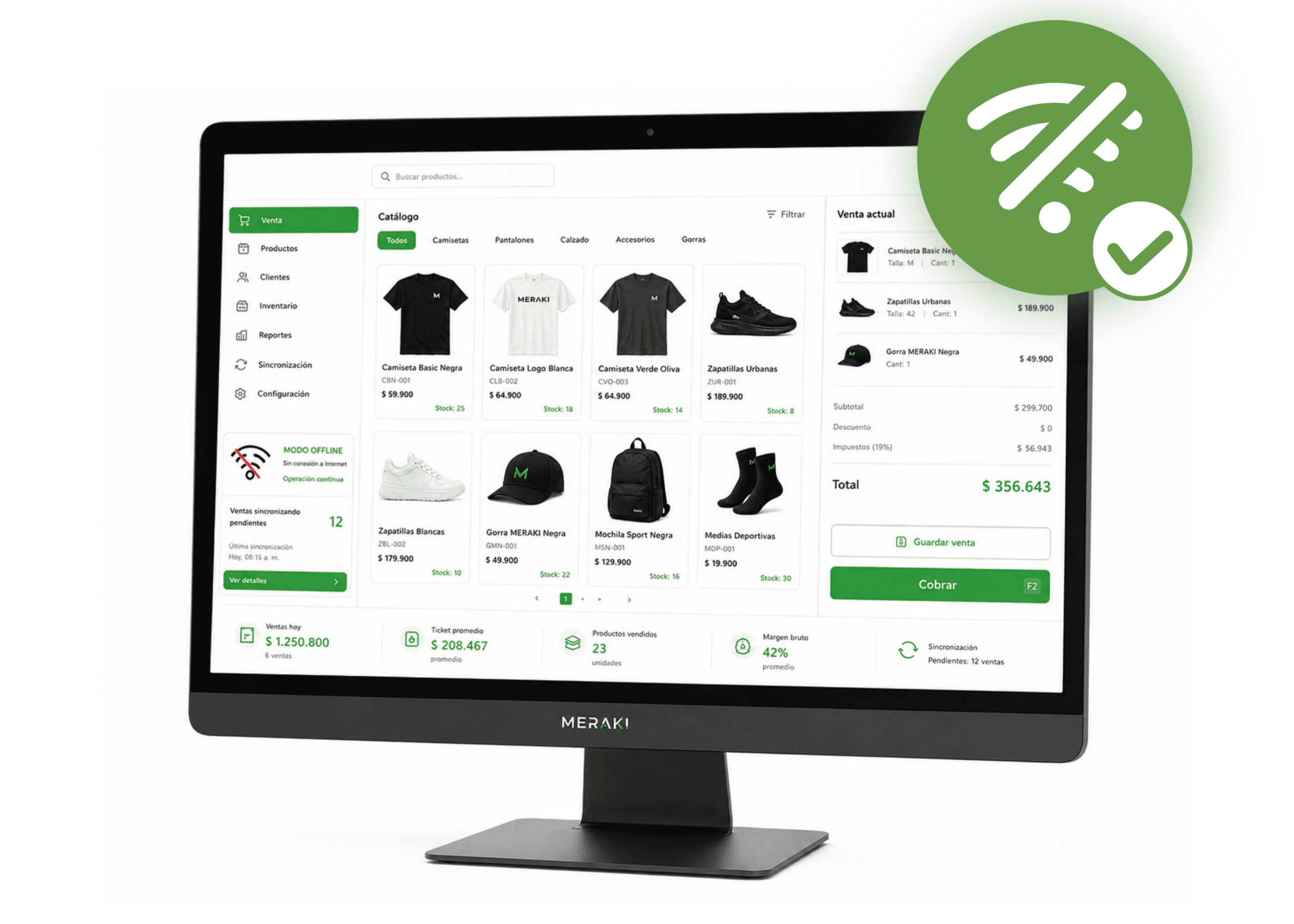 Pantalla de MERAKI POS en modo offline mostrando ventas pendientes de sincronización