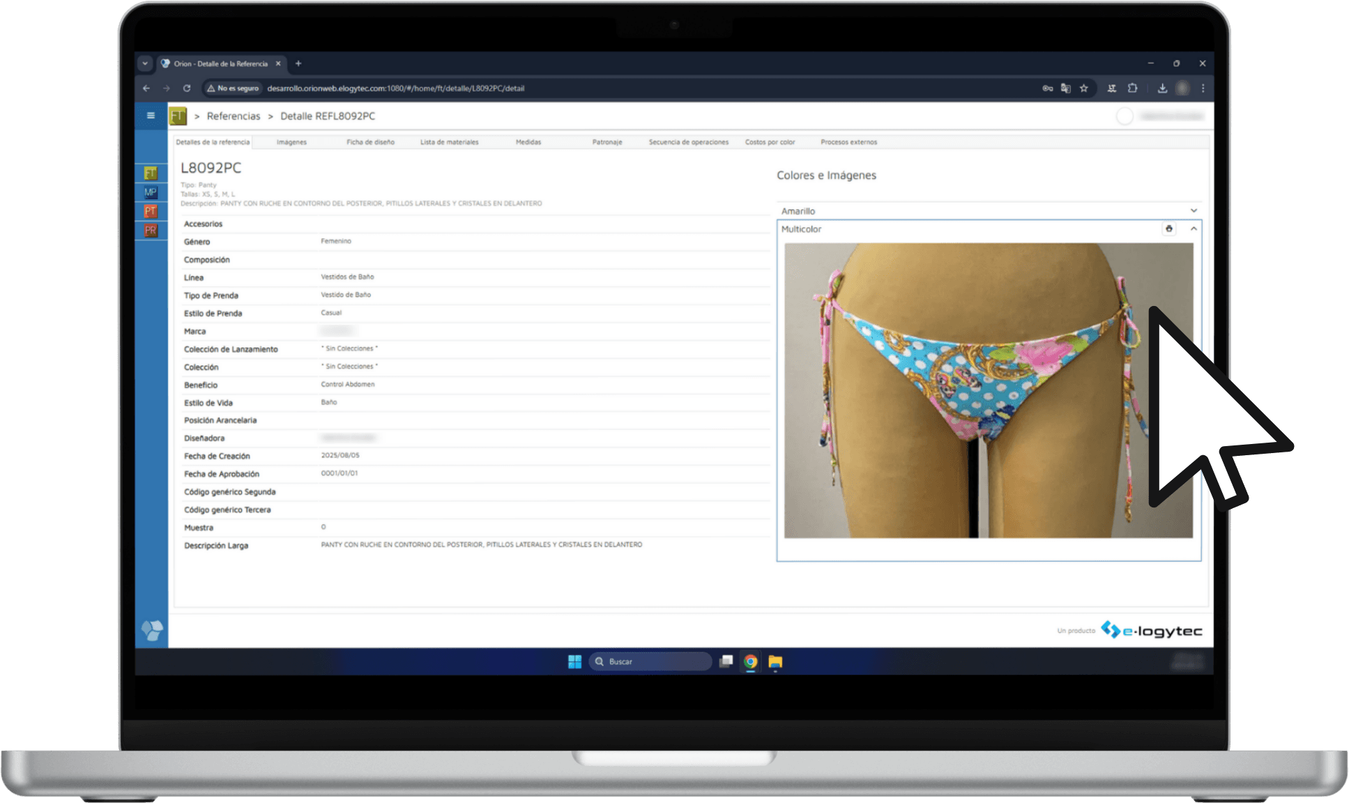 Pantalla de ORION Web mostrando el detalle de una referencia con ficha técnica e imágenes de producto