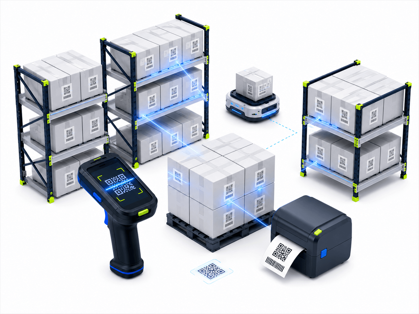 Ilustración de bodega con escáneres, estantes y robots automatizados de ORION WMS